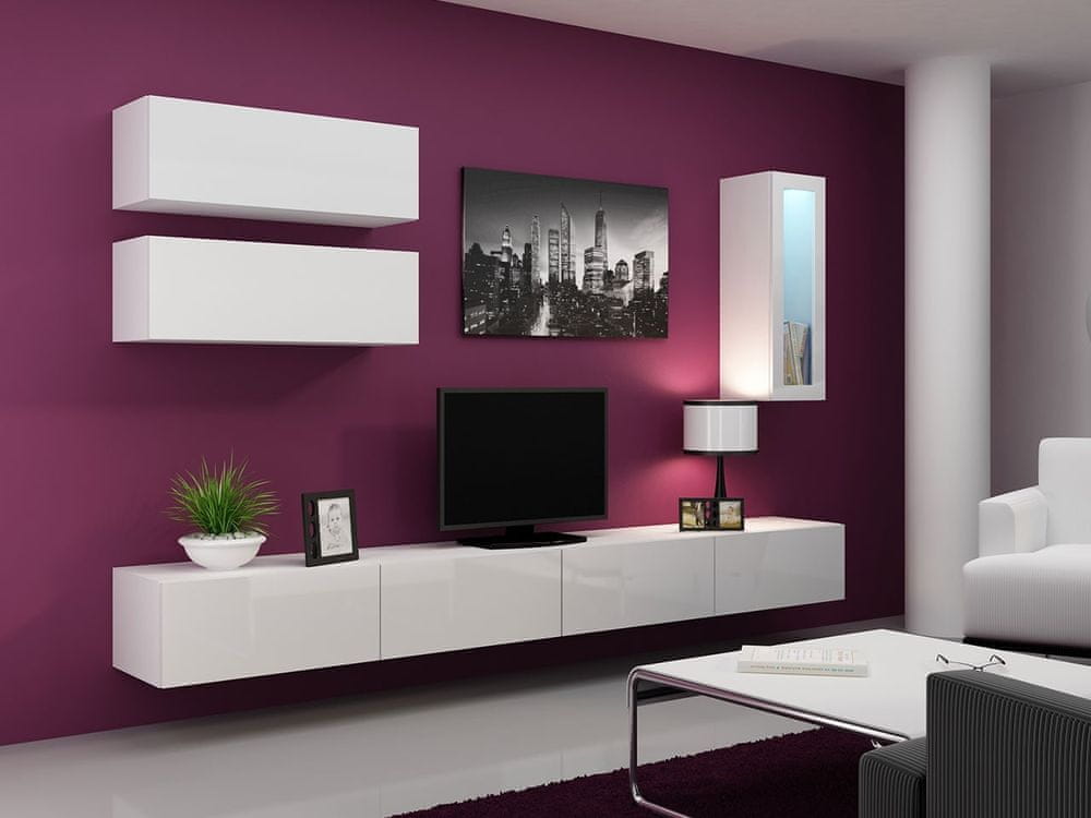Veneti Obývacia izba s LED modrým osvetlením ASHTON 12 - biela / lesklá biela
